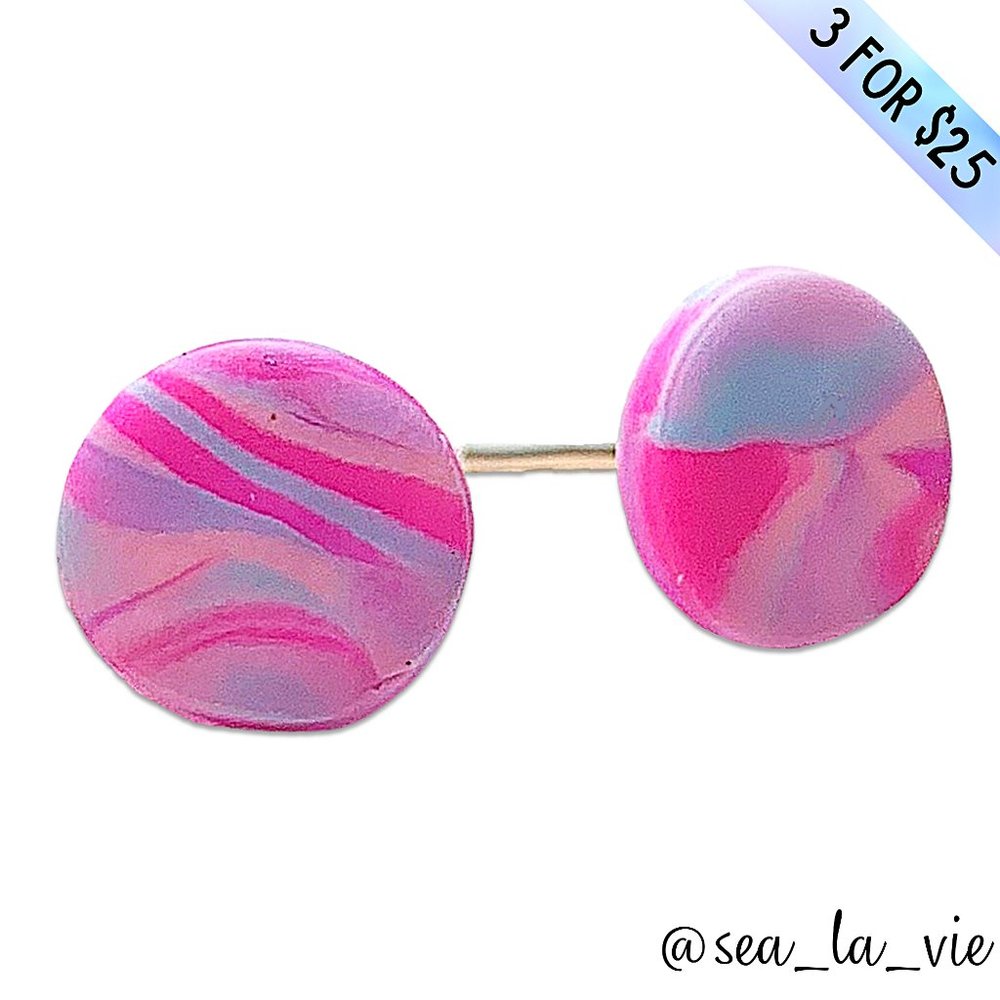3/$25 Cotton Candy Marbled Circle Polymer Clay Stud Earrings - Picture 1 of 9
